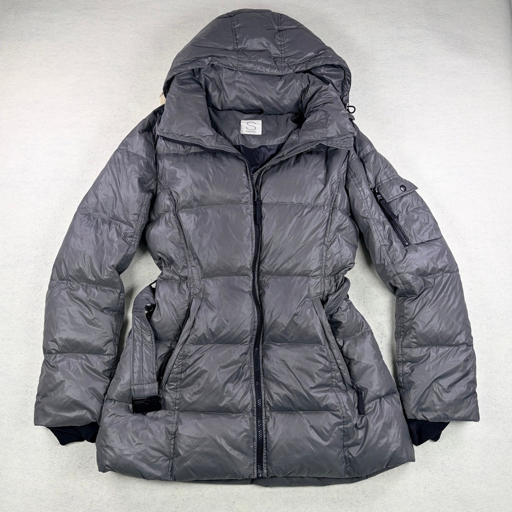 S13 NYC Womens Down Puffer Parka Jacket Gray Belted Hooded Size S